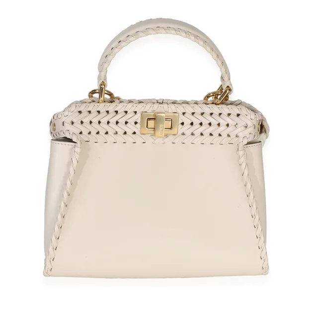 Fendi Cream Vitello King Interlace Mini Peekaboo Iconic Satchel in White Suede from myGemma