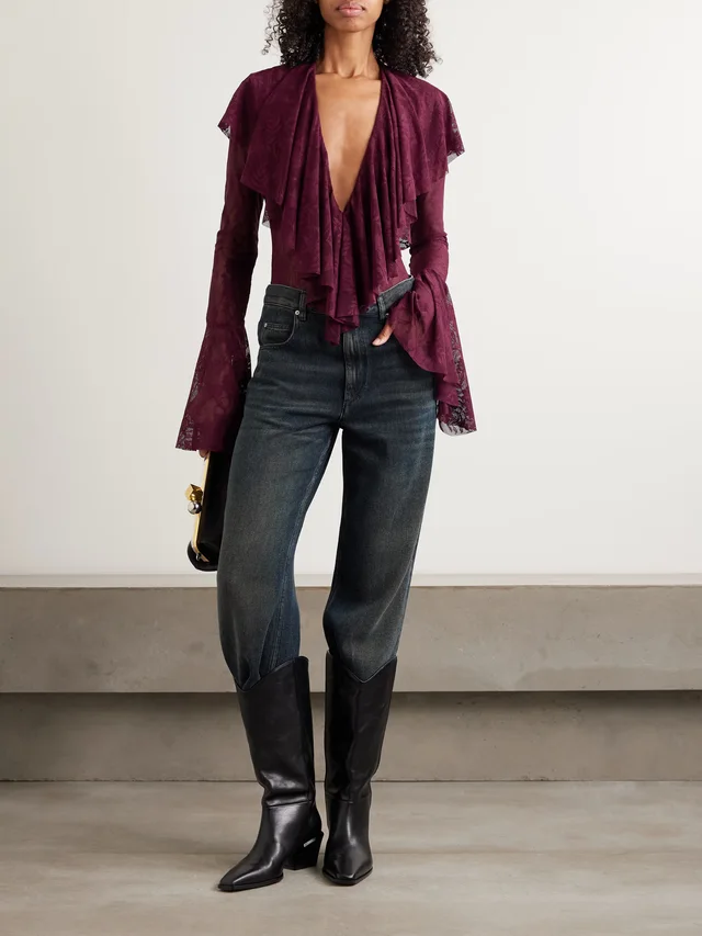 NORMA KAMALI Ruffled stretch-lace bodysuit in Purple, photo 2 of 2 from NET-A-PORTER (Canada)
