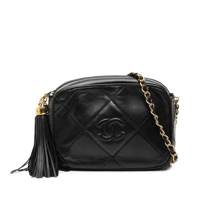 Black Chanel CC Quilted Lambskin Tassel Camera Bag in Black Lambskin from Designer Revival