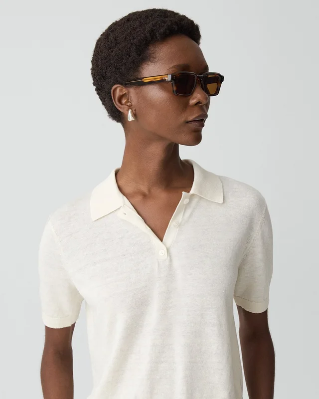 Theory Sheer Polo Shirt in Linen Knit in BONE 77% Linen, 23% Viscose; Exclusive Of Elastic, photo 4 of 12 from Theory