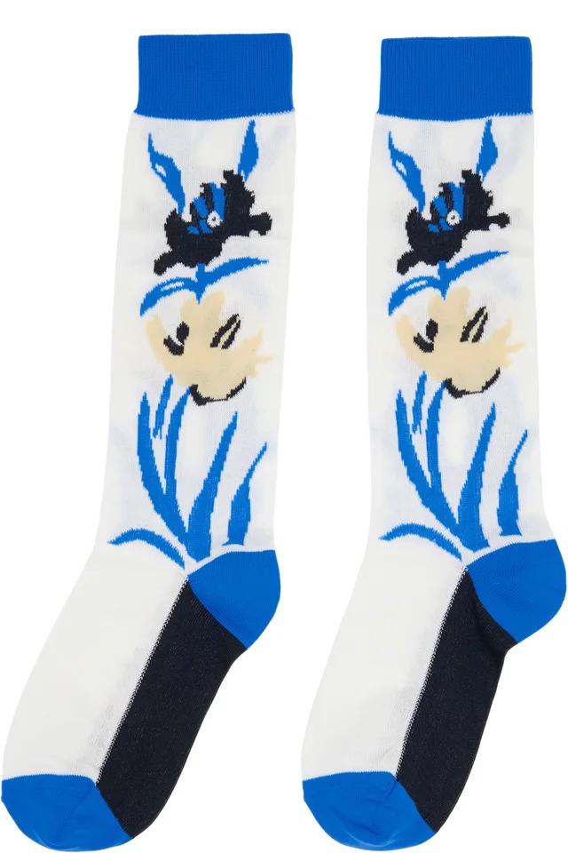 Marni Blue & White Intarsia Flower Mid-Calf Socks, photo 2 of 2 from SSENSE