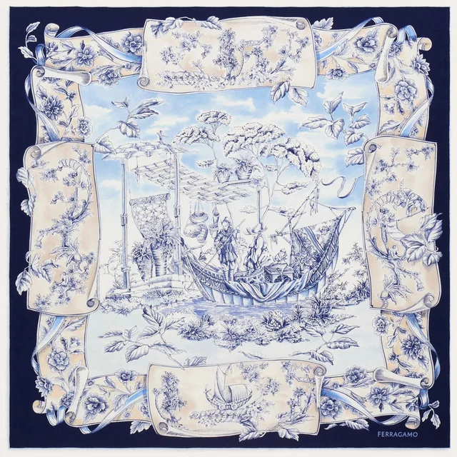 Ferragamo Voyage Print Silk Scarf — Navy Scarfs in Navy Silk from HEWI