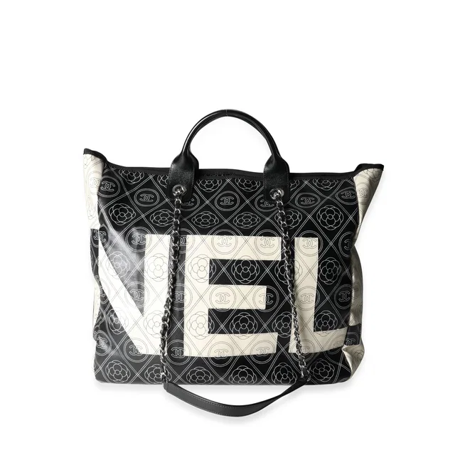 Chanel Black And Beige Coated Canvas Leather Camellia & Cc Print Shopper Tot Beige; Handbag in Black Coated canvas from HEWI