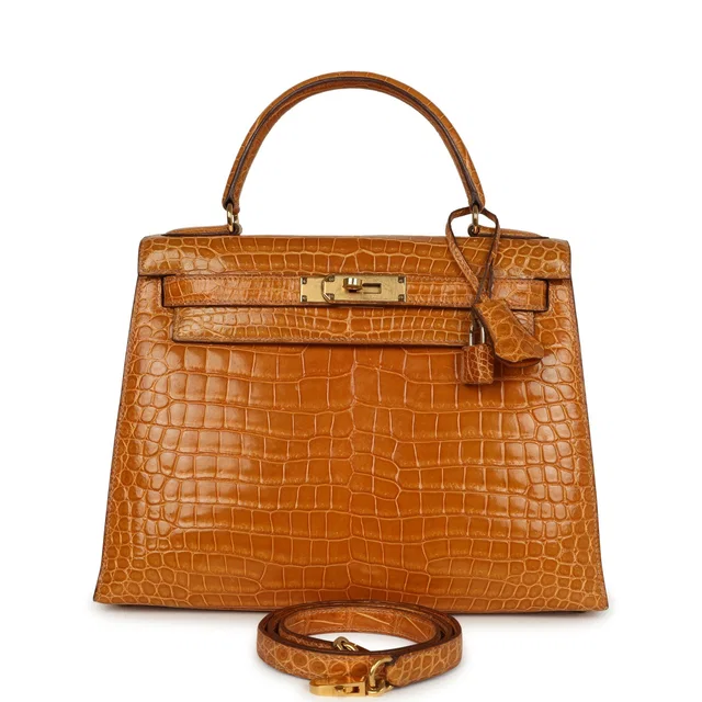 Hermès Vintage Kelly Sellier 28 Saffron Porosus Crocodile Gold Hardware in Crocodile from Madison Avenue Couture