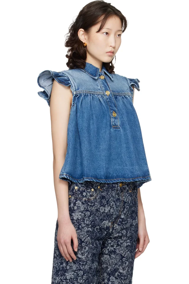 GANNI Blue Denim Ruffle Top, photo 2 of 4 from SSENSE
