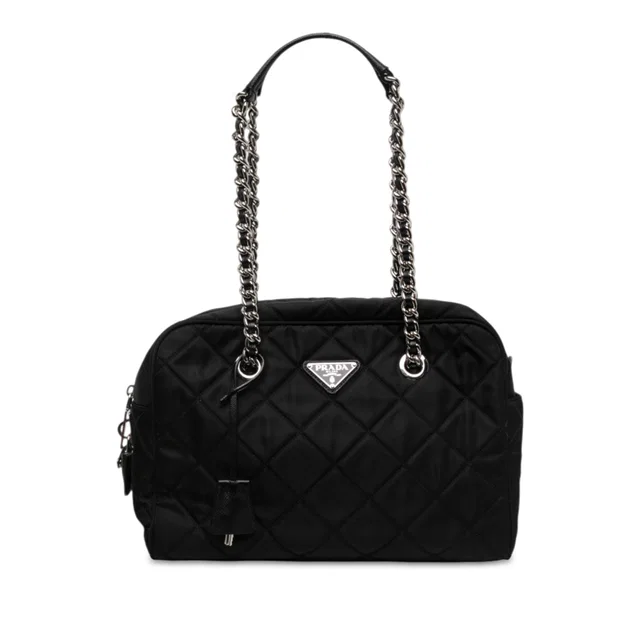 Black Prada Impuntu Tessuto Chain Shoulder Bag in Black Woven leather from Designer Revival