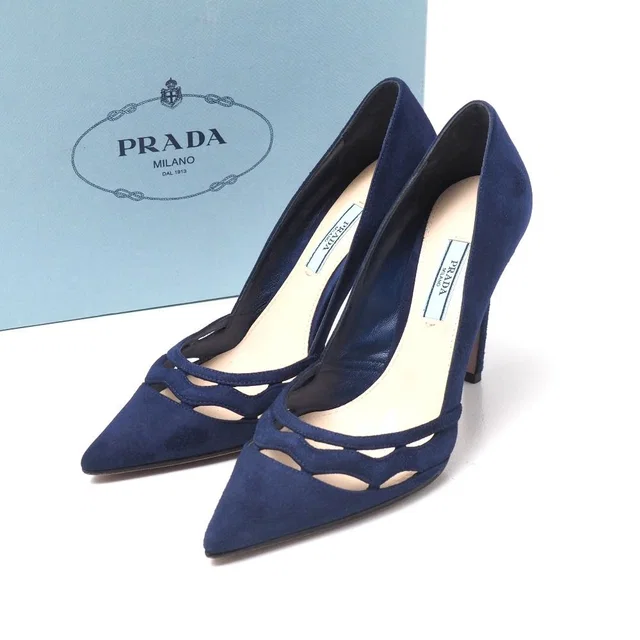 Prada Pumps Suede Cutout High Heels Pointed Toe Shoes 37.5 in Suede from The Reluxe