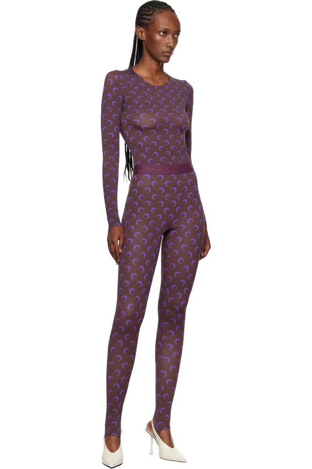 Marine Serre Brown & Purple Recycled Moon Jersey Stirrup Leggings, photo 4 of 4 from SSENSE