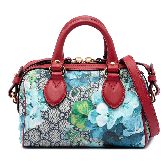 Red Gucci Mini GG Supreme Blooms Boston Bag Satchel in Red Coated canvas from Designer Revival