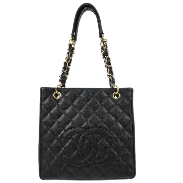Chanel 2006-2008 Black Caviar Petite Shopping Tote PST Chain Handbag in Black Caviar leather from AMORE Vintage Tokyo