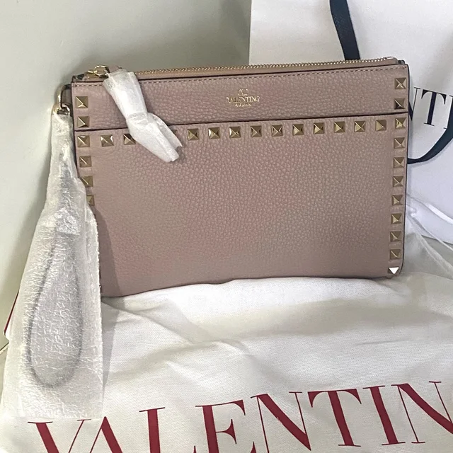 Valentino Garavani Medium Rockstud Poudre Pebbled Calfskin Leather Flat Pouch in gold|pink Calfskin from Poshmark