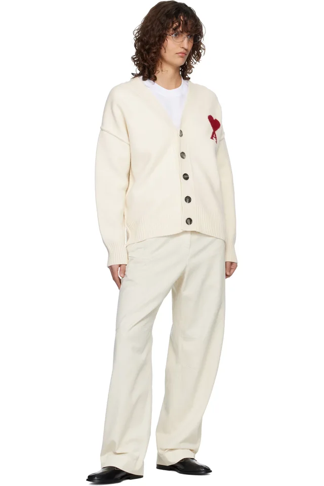 AMI Paris Off-White Wool Ami de Coeur Cardigan, photo 4 of 4 from SSENSE