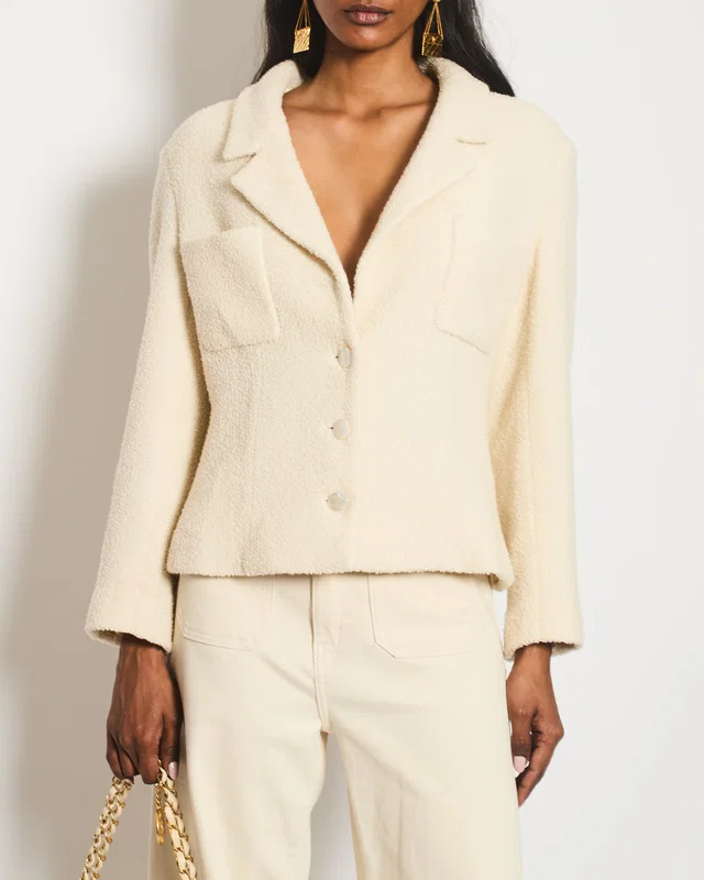 Chanel Cream Tweed Jacket with Ivory Logo CC Button Details Size FR 38 (UK 10) in White Tweed from Sellier