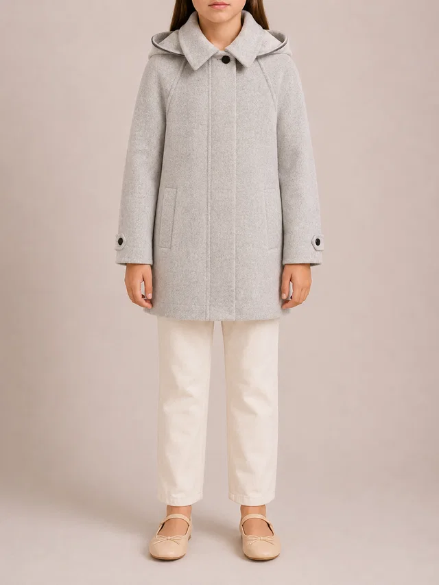 Brunello Cucinelli Kids Light Grey Cashmere Coat with Hood and Buttons Size 8 years in Grey Cashmere from Sellier