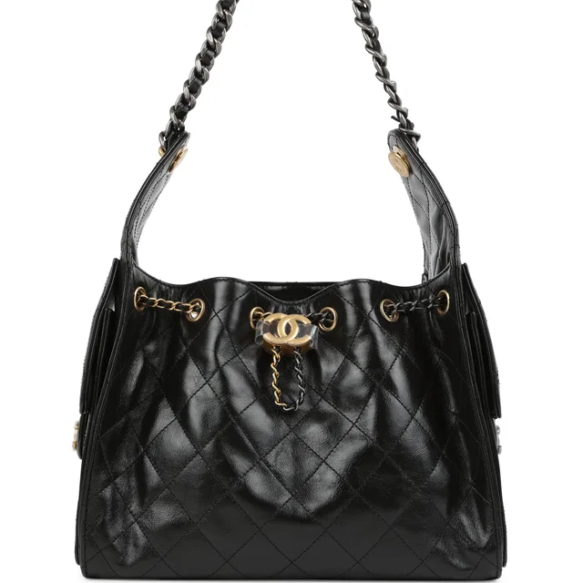 Chanel Small 25 Hobo Bag Black Shiny Crumpled Calfskin Mixed Metal Hardware in Black Calfskin from Madison Avenue Couture