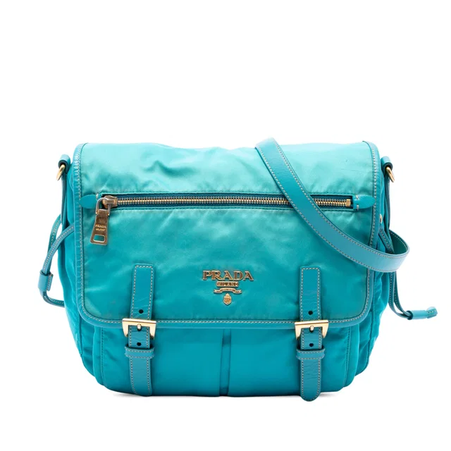 Blue Prada Saffiano Trimmed Tessuto Zip Double Buckle Messenger Bag in Blue Saffiano leather from Designer Revival