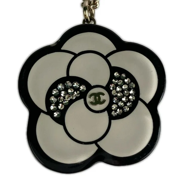 Chanel Camellia CC Logo Flower Motif Necklace Rhinestone Black White in Black from The Reluxe