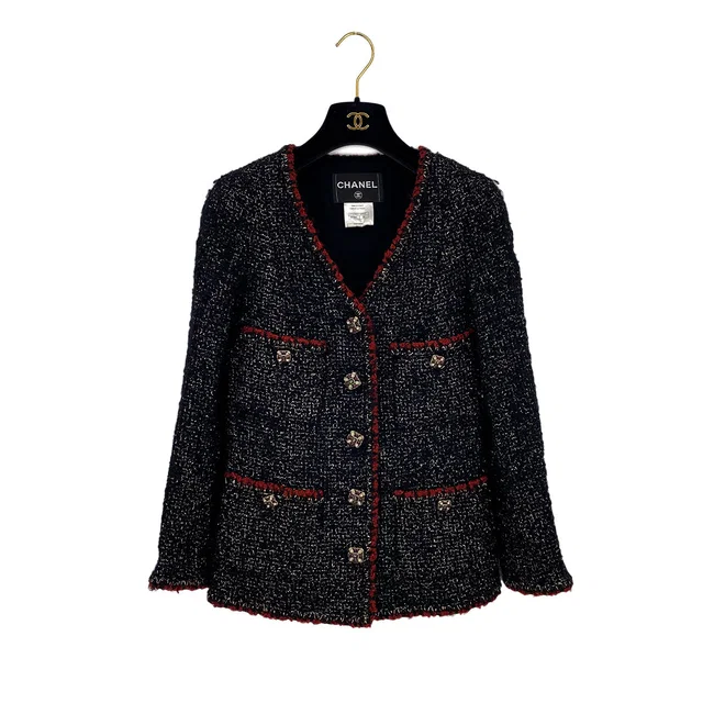Chanel Coco Button Rhinestone Tweed Jacket Black Red Wool 38 P42 Rtw in Black Tweed from Luxury Promise