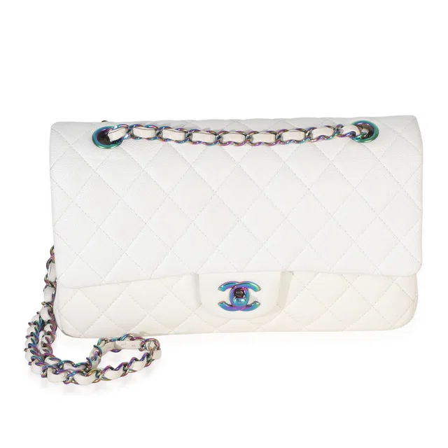Chanel White Quilted Caviar Rainbow Medium Classic Double Flap Handbag Leather in White Caviar leather from HEWI