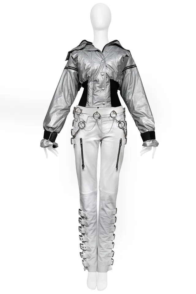 Dolce & Gabbana Silver Metallic Nylon Bomber With Black Trim & Zippers in Black Nylon from Resurrection Vintage
