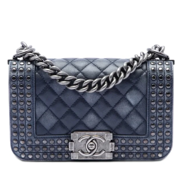 Blue Chanel Paris Dallas Small Quilted Distressed Calfskin Studded Boy Flap Crossbody Bag in Blue Calfskin from Designer Revival