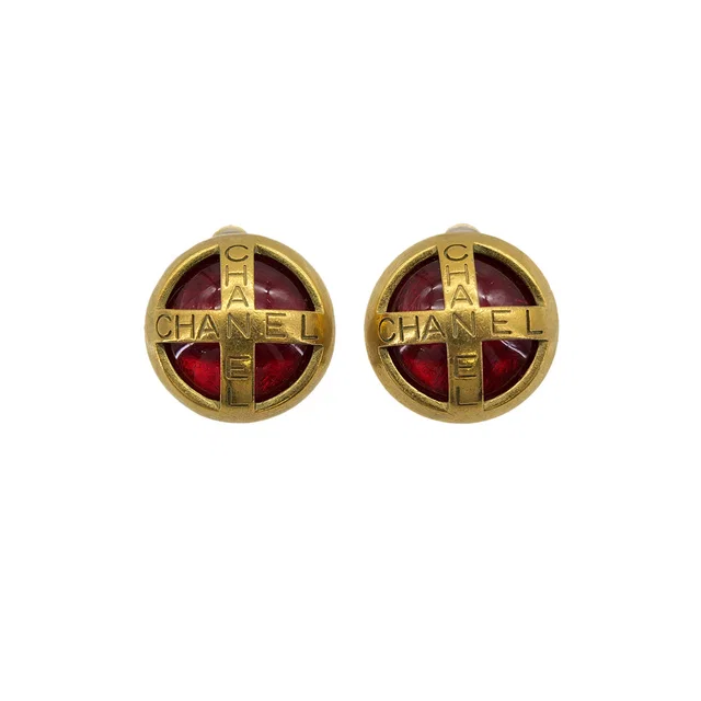 Chanel Vintage Earrings Logo Color Stone Red Gold 95P Accessory in Red from Luxury Promise