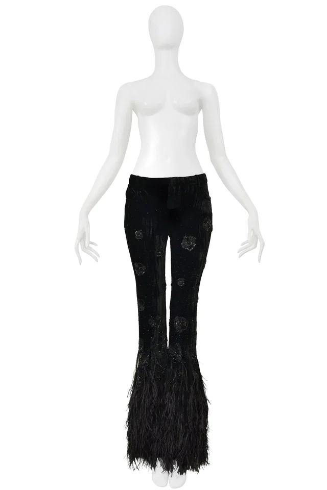 Saint Laurent Black Velvet And Feather Flare Pants With Intricate Beading 2022 in Black Velvet from Resurrection Vintage