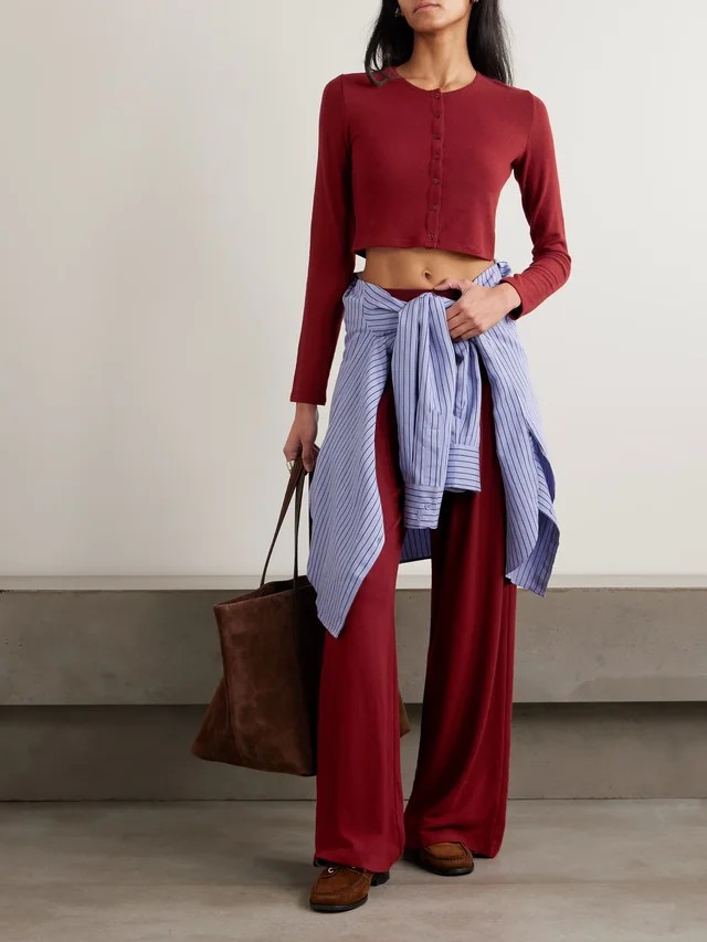 LESET Lauren cropped brushed stretch-knit cardigan in Red, photo 2 of 2 from NET-A-PORTER (Canada)