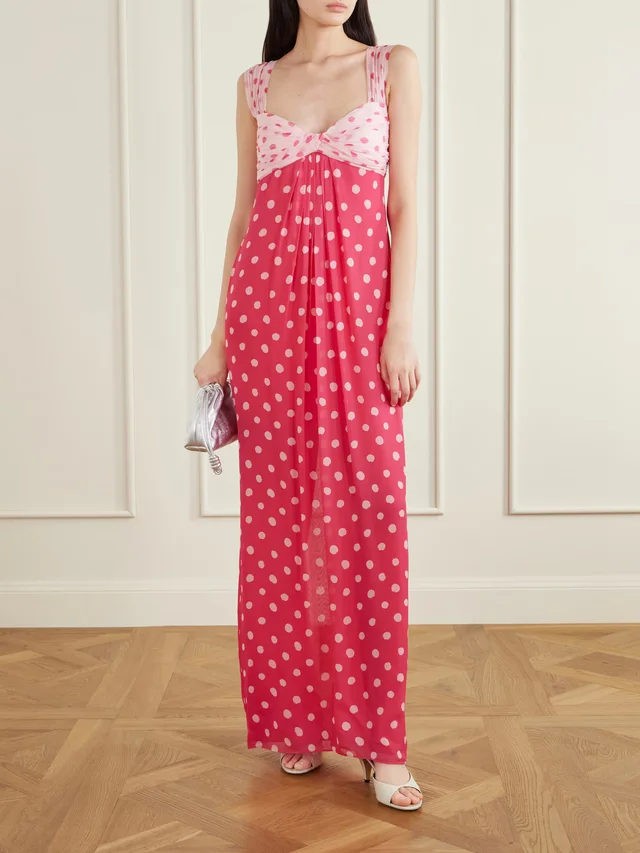 SALONI Chani pleated polka-dot crepon-trimmed silk-chiffon midi dress in Pink, photo 2 of 2 from NET-A-PORTER (Canada)