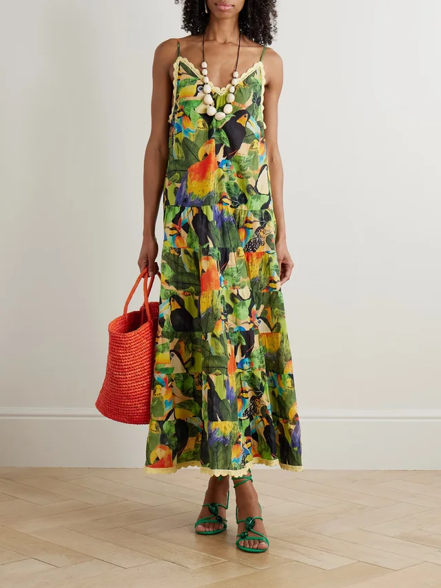 FARM RIO Bird Leaves crochet-trimmed tiered printed cotton maxi dress in Green, photo 2 of 2 from NET-A-PORTER (Canada)