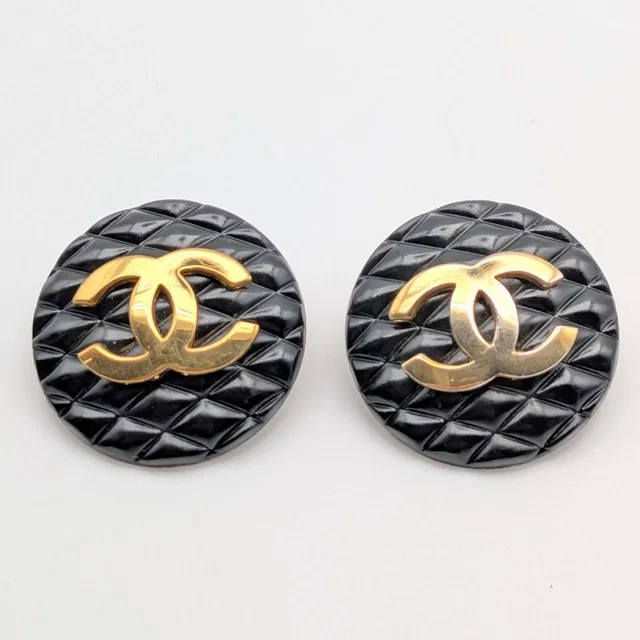 Chanel Earrings CC Logo Quilted Gold Black Round First Era Vintage in Black from The Reluxe