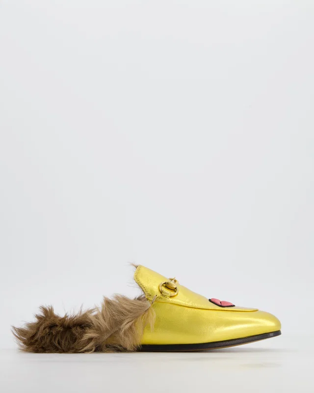Gucci Gold Princetown Embroidered Lips Heart Mules with Fur EU 35 in Gold from Sellier