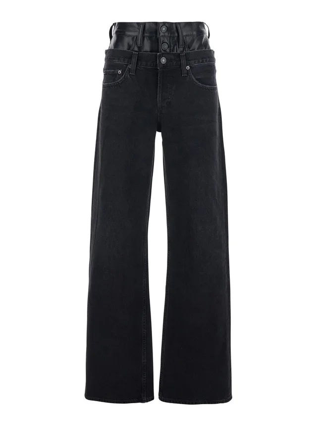 Agolde Black 'Elson' Double Waist Jeans with Leather Details In Denim Women in Black 100% Regenerative Cotton, photo 2 of 4 from Gaudenzi Boutique