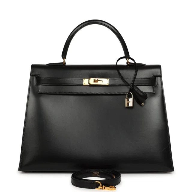 Hermès Vintage Kelly Sellier 35 Black Box Gold Hardware in Black Calfskin from Madison Avenue Couture