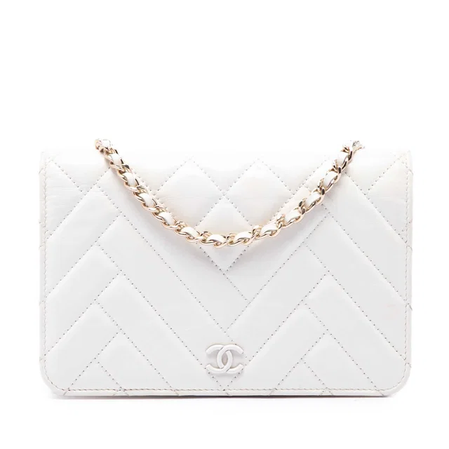 White Chanel CC Crinkled Chevron Calfskin Wallet On Chain Crossbody Bag in White Calfskin from Designer Revival