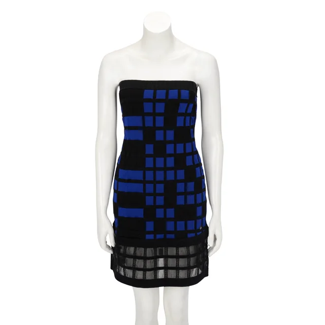 Chanel Check Intarsia Strapless Dress FR 38 in Black & Blue from Blue Spinach