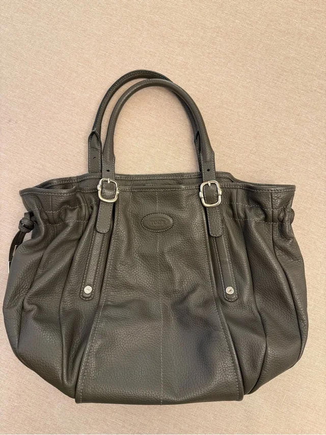 Tod's Dark Brownish Gray Pebbled Leather Tote With Buckle Accents in gray Leather from Poshmark