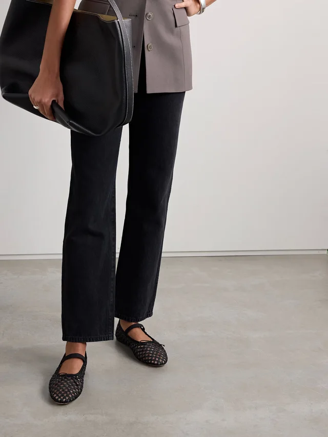 LOEFFLER RANDALL Leonie grosgrain-trimmed raffia Mary Jane ballet flats in black 50% Leather 50% Textile fibers, photo 2 of 5 from NET-A-PORTER (Canada)