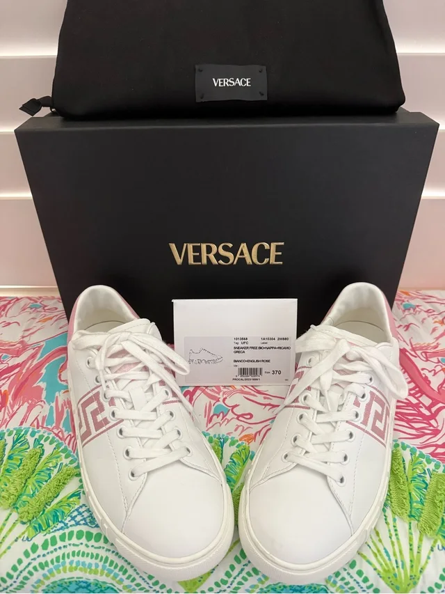Versace Women’s White Low-Top Sneakers With Pink Greca Accent in pink|white Leather from Poshmark