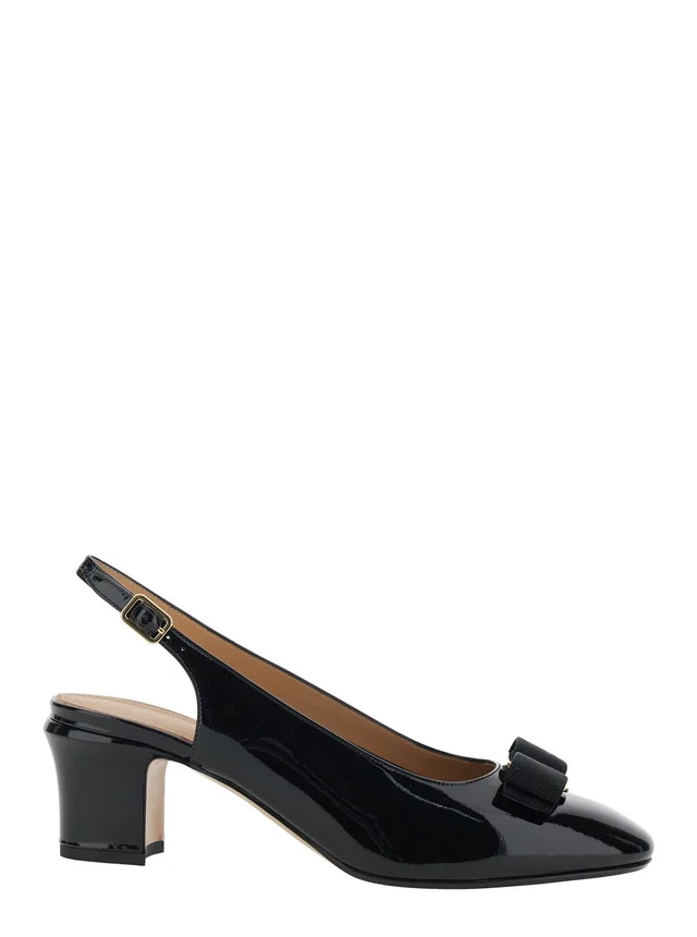 FERRAGAMO 'Vetty' Black Pumps with Logo Plate on the Front and Low Block Heel in Leather Woman in Black 100% Calf, photo 2 of 8 from Gaudenzi Boutique