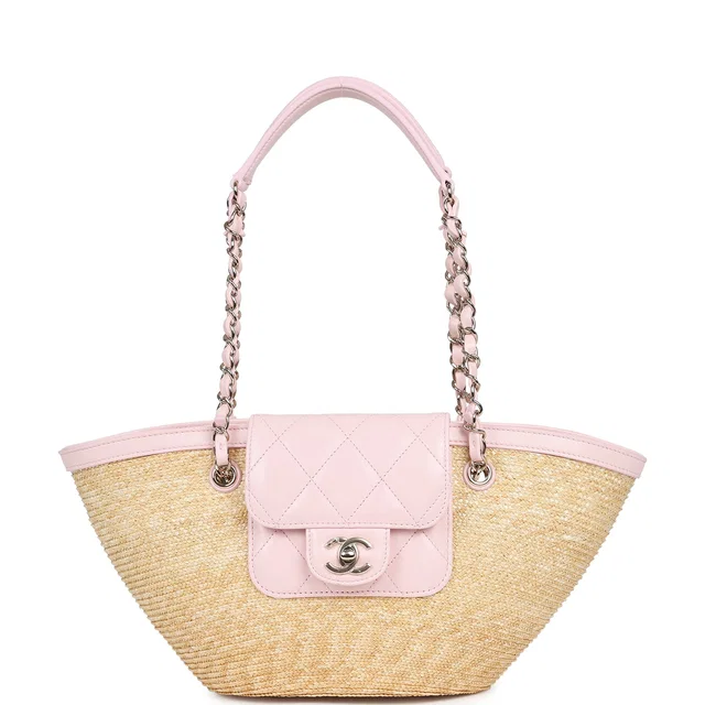 Chanel Small Shopping Tote Bag Beige Raffia and Light Pink Lambskin Light Gold Hardware in Beige Lambskin from Madison Avenue Couture