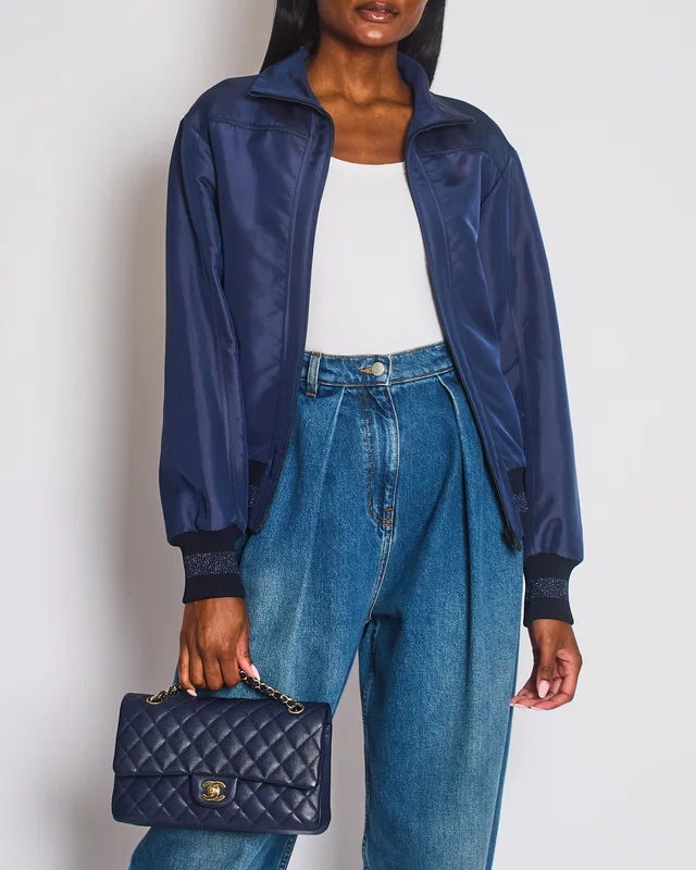 Chanel 17/A Navy Satin Bomber Jacket with Glitter Trim and CC Button Detail Size FR 34 (UK 6) in Navy Satin from Sellier