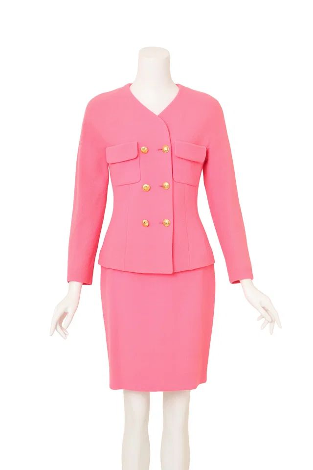 Chanel Double Breasted Bouclé Jacket & Skirt Suit in Silk from Recess LA