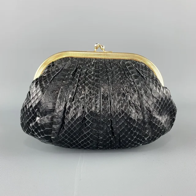 Judith Leiber Ruched Black Snake Skin Evening Clutch Handbag in black Leather from Poshmark, photo 1 of 1