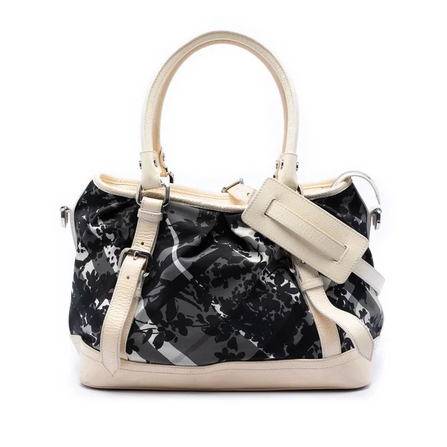 Grey Burberry Floral Beat Check Nylon and Patent Satchel in Grey Patent leather from Designer Revival