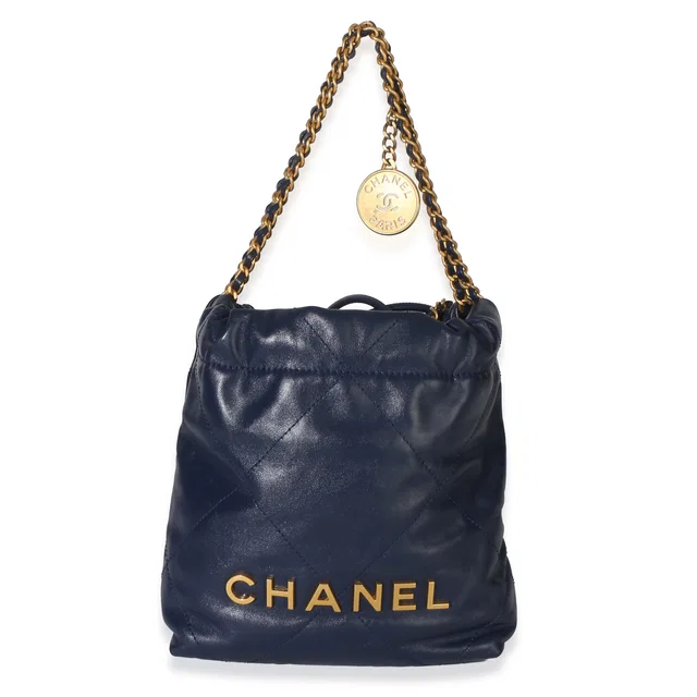 Chanel Navy Quilted Calfskin 22 Mini Hobo Blue Leather Handbag in Navy Calfskin from HEWI