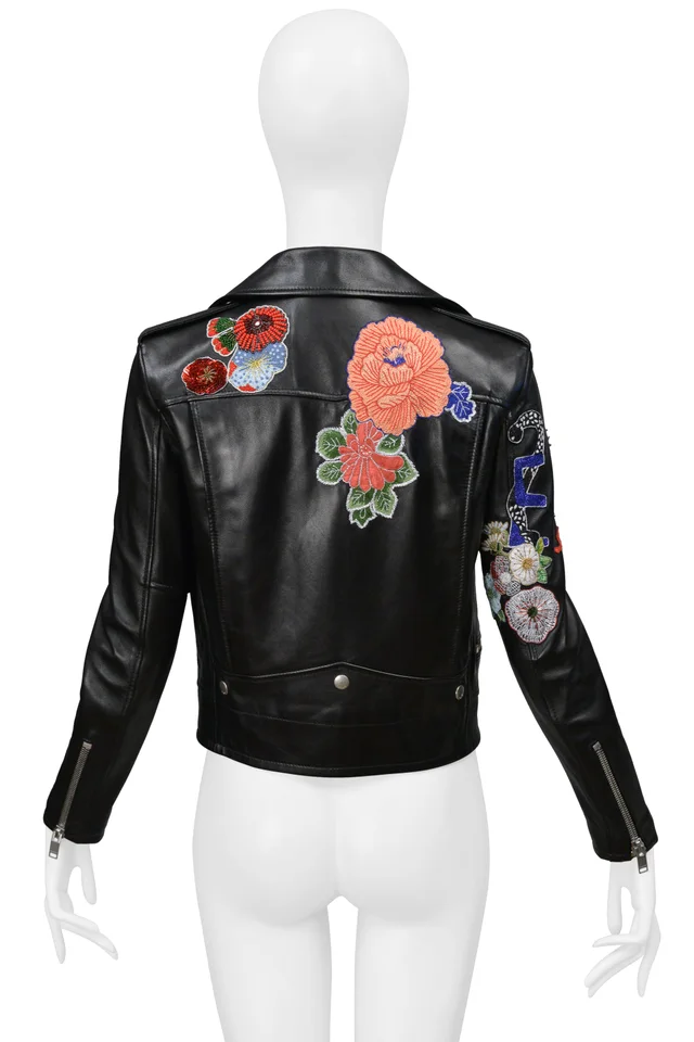 Saint Laurent By Hedi Slimane Black Leather Jacket With Flowers 2016 in Black Leather from Resurrection Vintage, photo 2 of 2