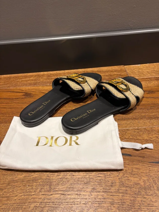 Dior Beige and Black Textile and Leather Sandals 38 in Black Leather from HEWI