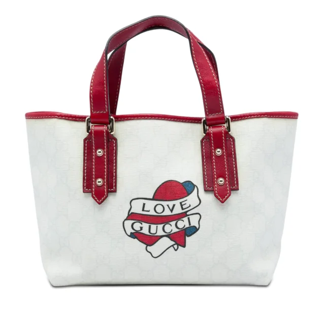 White Gucci GG Supreme Heart Tattoo Handbag in White Coated canvas from Designer Revival