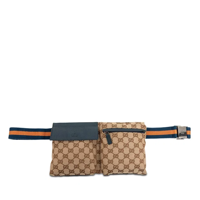 Beige Gucci GG Canvas Web Double Pocket Belt Bag in Beige Canvas from Designer Revival